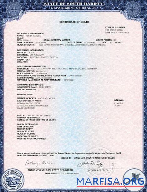Printable USA South Dakota state death certificate template in PSD format